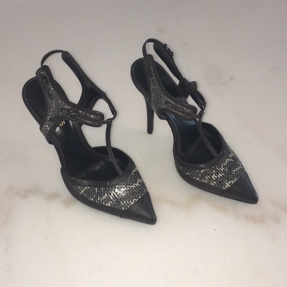 Reiss Brown Leather Heels with Snake Print Trim